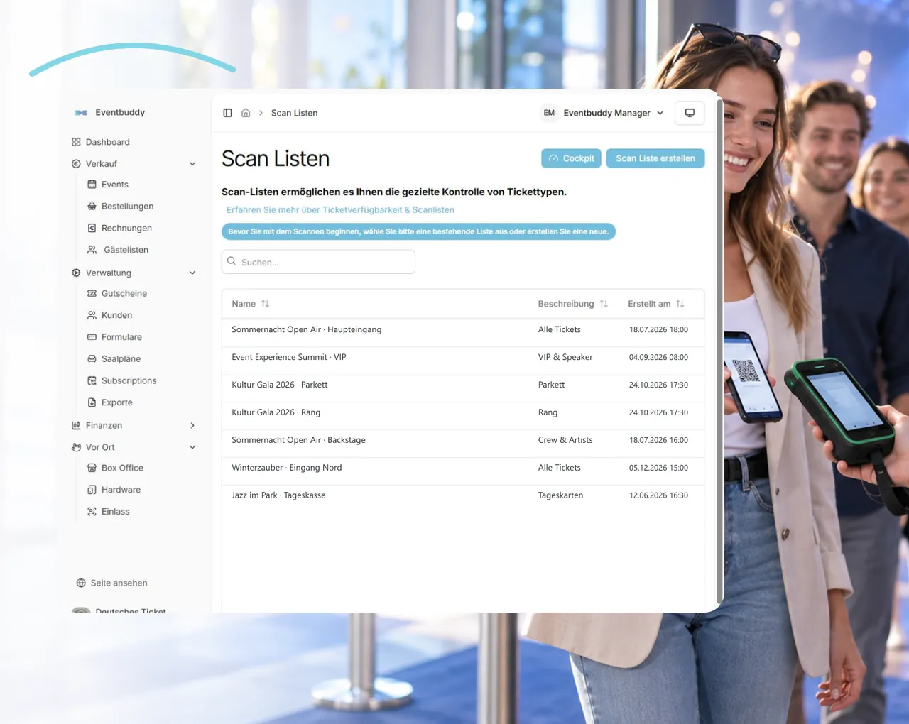 Eventbuddy Scan-Listen für die gezielte Kontrolle von Tickettypen am Einlass